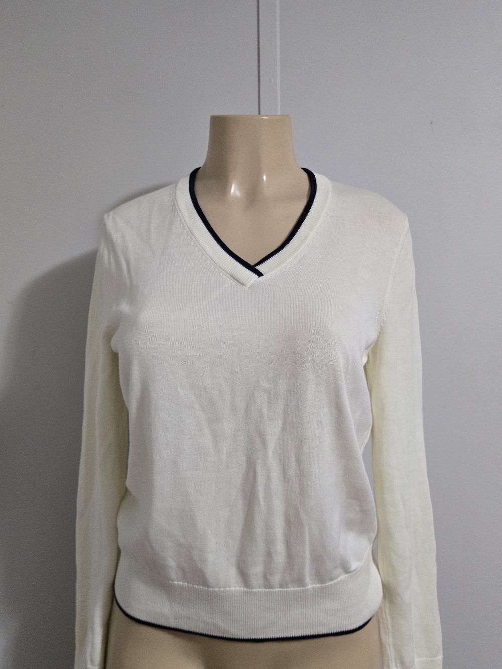 Brooks Brothers Cream V-Neck Sweater with Navy Trim